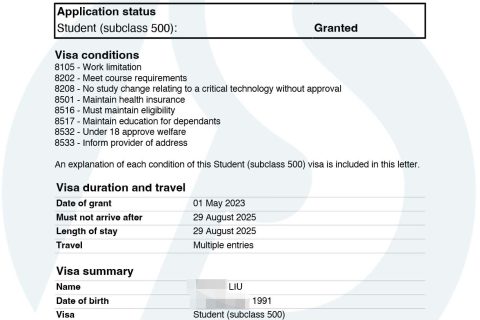 2023年5月澳洲留学500签证部分案例